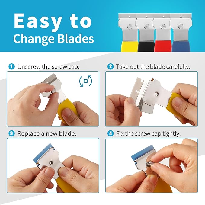 4 Pack Razor Blade Scraper, with 20 Metal & 20 Plastic Blades, Multi-Purpose Cleaning Remover Tool for Glass Caulk, Adhesive, Wall, Stovetop, Paint, Window, Sticker, Tile, Label Decals