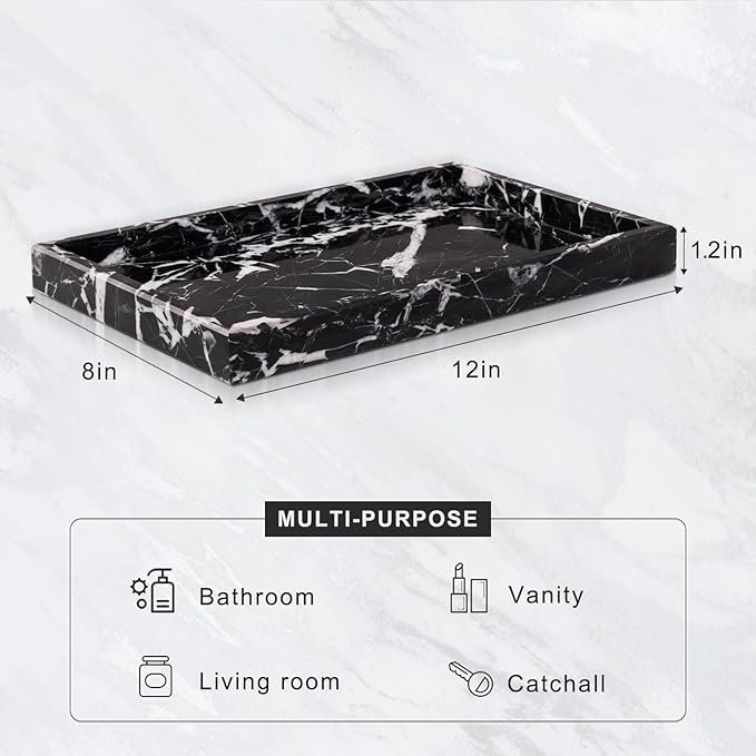 Marble Bathroom Tray for Countertop & Home Decor, Natural Decorative Marble Tray for Jewelry & Perfume Organizer, Luxury Stone Vanity Trays for Dresser, Kitchen Counter, 12" x 8", Black