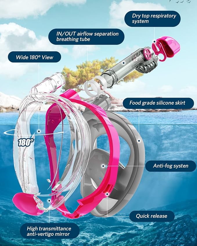 QingSong Full Face Snorkel Mask for Adults, Snorkeling Gear with Camera Mount, 180 Degree Panoramic View Snorkel Set Anti-Fog Anti-Leak