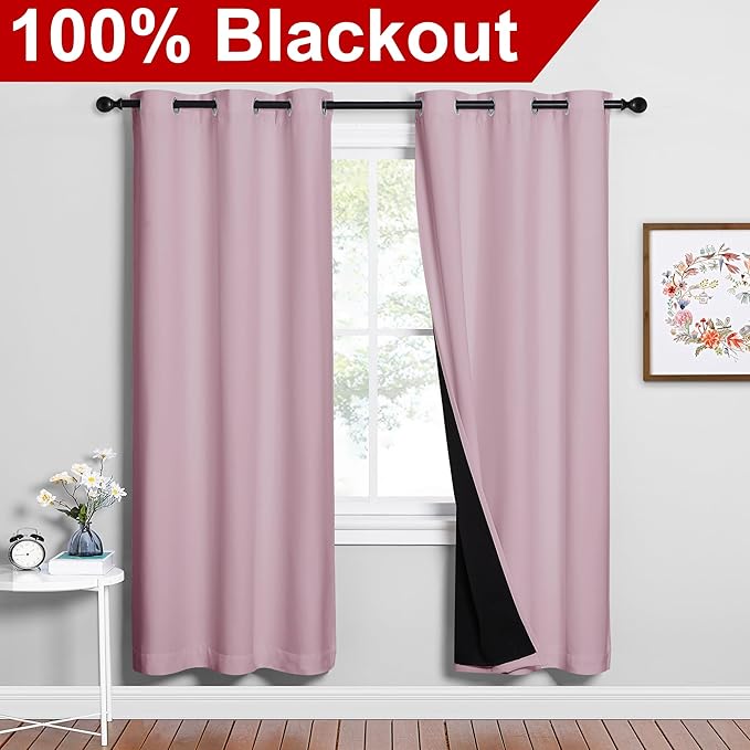 NICETOWN 100% Blackout Window Curtain Panels, Baby Pink, 2 Pieces, 42-inch Wide