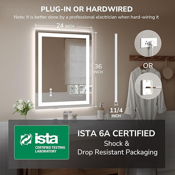 USHOWER LED Bathroom Mirror 24x36 Inch Tempered Glass