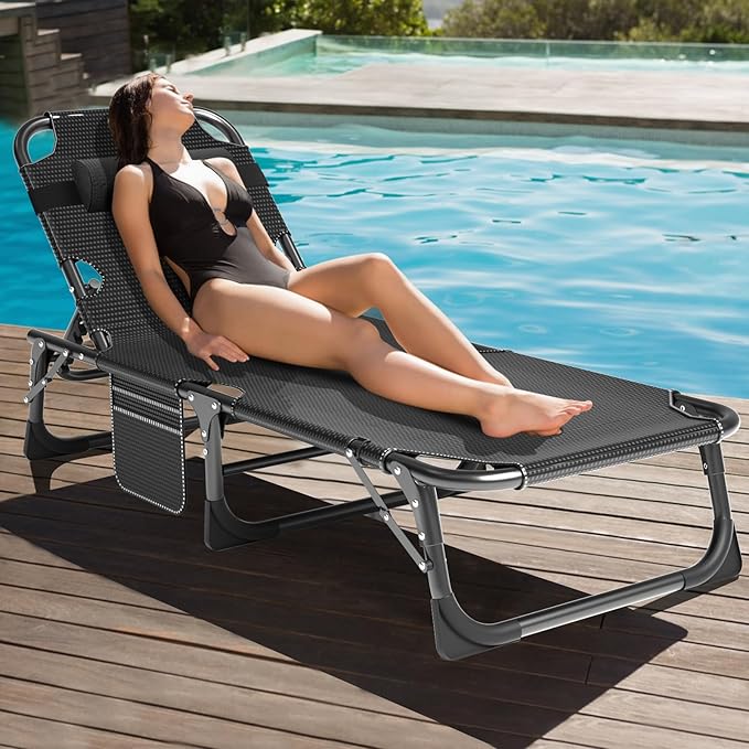 MOPHOTO 5-Position Folding Cot, Portable Outdoor Folding Chaise Lounge Chair for Sun Tanning, Perfect for Pool, Beach, Patio Sunbathing
