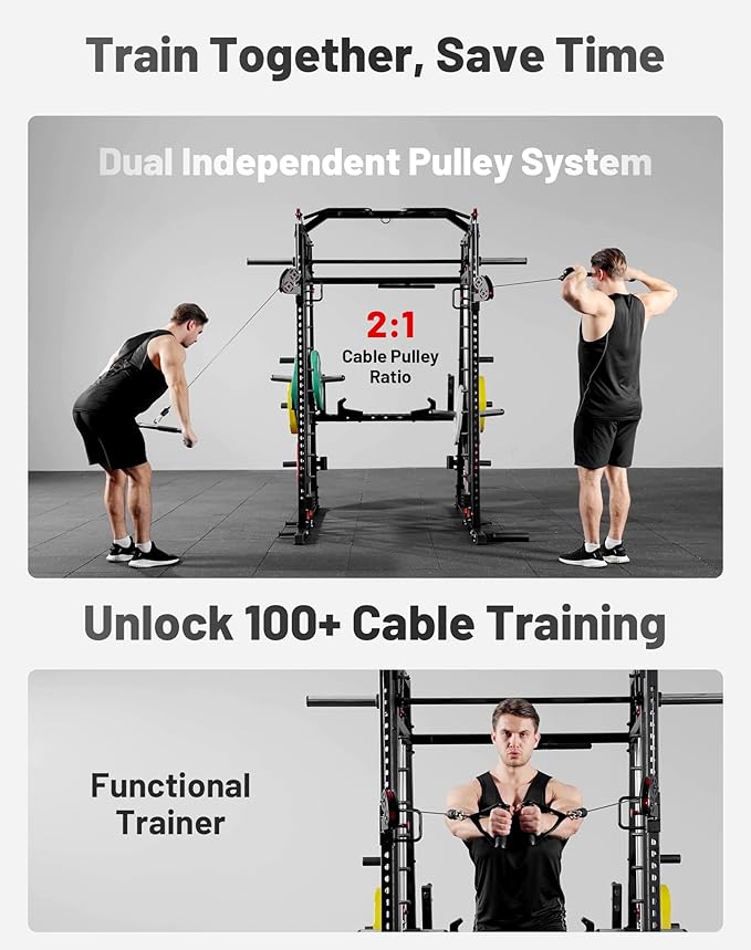 Mikolo Smith Machine, 2200lbs Squat Rack with LAT-Pull Down System & Cable Crossover Machine, Training Equipment with Leg Hold-Down Attachment