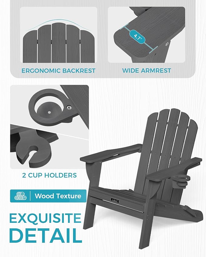 Adirondack Chairs Set of 4, Foldable Adirondack Chairs with 2 Cup Holder, Wood Texture HDPE Fire Pit Chairs, Outdoor Lawn Chair for Patio Garden, Dark Grey