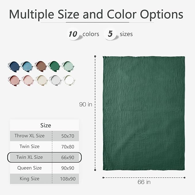 Carriediosa 100% Cotton Muslin Throw Blanket 66" X 90" Twin XL Size，4-Layers Summer Gauze Throws for Bed Couch，Soft Lightweight Breathable Linen Blankets Bedspread for Adults All Season，Dark Green