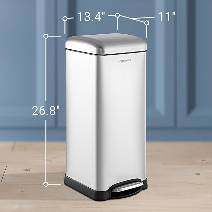 happimess HPM1007D Betty Retro 8-Gallon Step-Open Trash Can with Soft-Close Lid, Fingerprint Resistant, Modern, Minimalistic for Home, Kitchen, Laundry Room, Office, Bedroom, Bathroom, Chrome