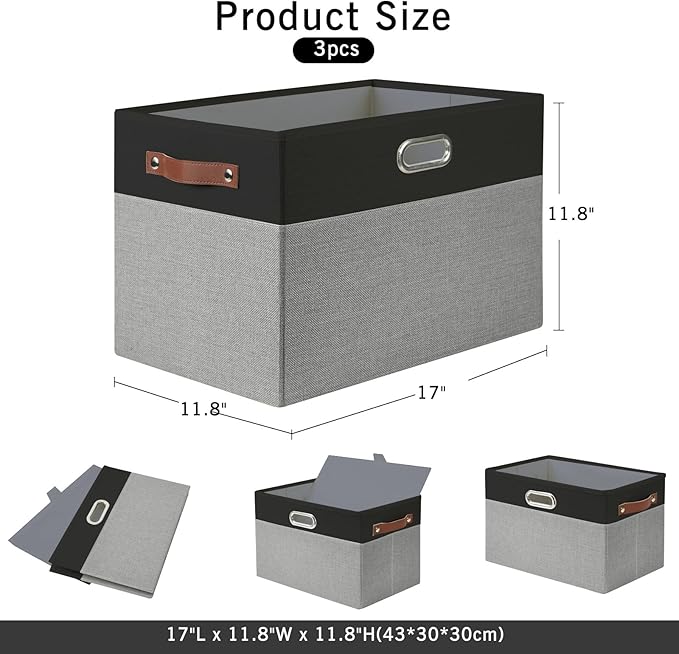 Large Collapsible Fabric Storage Bins with 3 Handles, Foldable Organizer Baskets for Closet, Shelves, Living Room | 3 Pack, Durable PU & Metal Handles (17"x11.8"x11.8", Black & Gray)