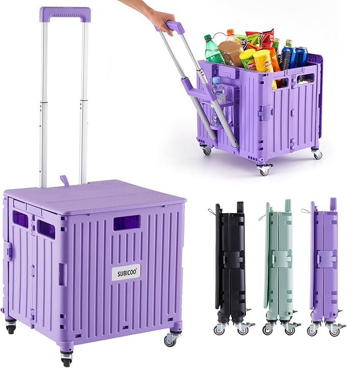 Folding Utility Cart Portable Rolling Crate Handcart Shopping Trolley Collapsible Tool Box, with Lid, Basket on 4 Rotate Wheels, for Grocery, Shopping, Office, Storage, Teacher (Purple)
