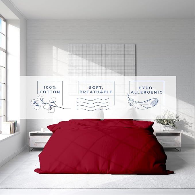 Kotton Culture 3 Pc Queen Size Duvet Cover Set- 100% Egyptian Cotton Sateen 600 Thread Count Ultra Soft Premium Durable Comforter Cover Zipper Closure & Corner Ties (Red Burgundy,Queen/Full 90" X 90")