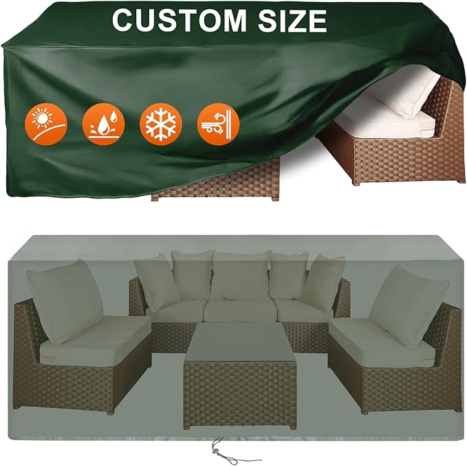 Patio Furniture Cover Rectangle 100"(L) x 44"(W) x 32"(H), Custom Heavy Duty 420D Waterproof Outdoor Cover with Drawstring & Buckles for Table Chair Garden, Green