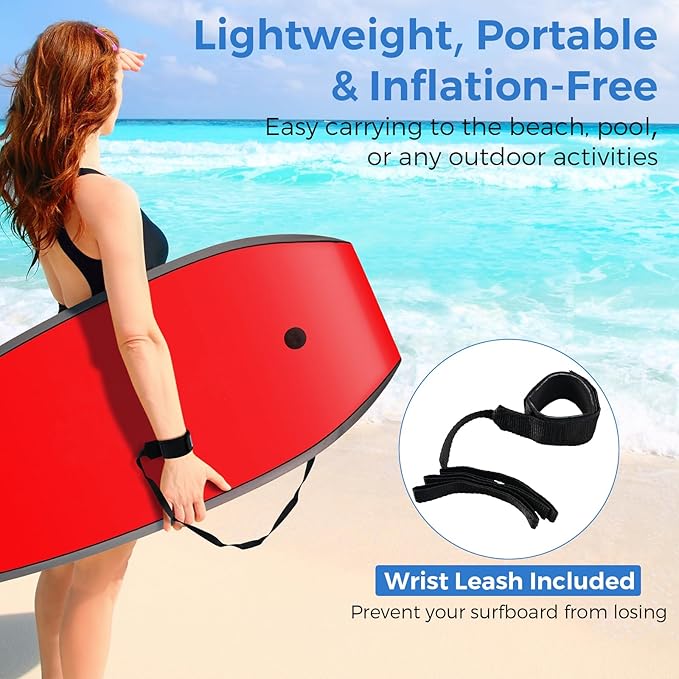 Goplus 41''/37''/33'' Lightweight Body Board for Beach, Surf Board with EPS Core, XPE Deck, HDPE Slick Bottom, Wrist Leash, Bodyboard for Kids Adults Surfing