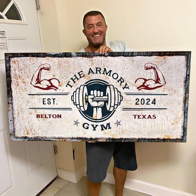 Tailored Canvases Personalized Gym Sign Wall Art Decor - Motivational Canvas for Home Gym, Workout Room, Garage, Fitness Center - Workout Inspirational Posters - One Hand with Dumbbell on Rustic, 36x12in