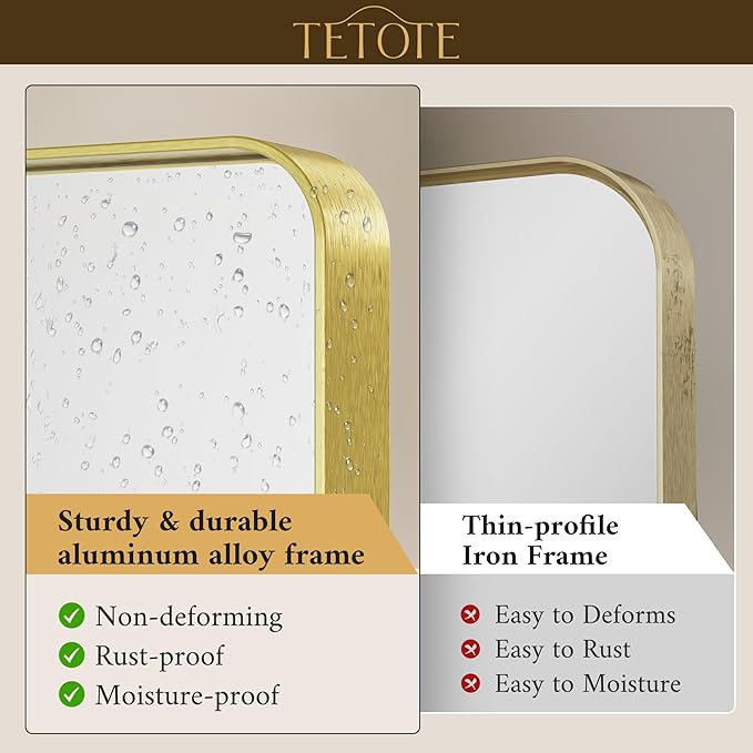 TETOTE Brushed Gold Bathroom Mirror, 24 x 32 Inch Metal Framed Mirror, Brushed