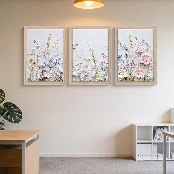 Framed 3D Texture Floral Canvas Wall Art Relief Textured Floral Oil Painting