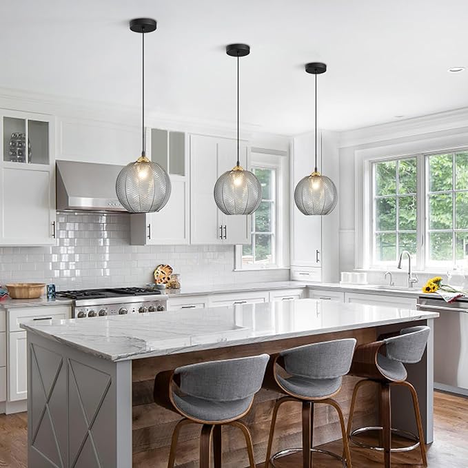KCO Lighting Modern Smoke Gray Glass Pendant Light Kitchen Island Large Globe Farmhouse Pendant Lighting Adjustable Black Striped Glass Hanging Ceiling Lighting Fixtures Dining Room Lights