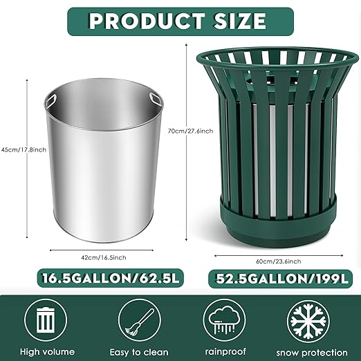 16Gallon/62L Commercial Outdoor & Indoor Metal Trash Can, Outdoor Slatted Trash Receptacle with Metal Linner, All Weather Resistant Large Outside Zone Round Garbage Bin for Street, Park, School-Green
