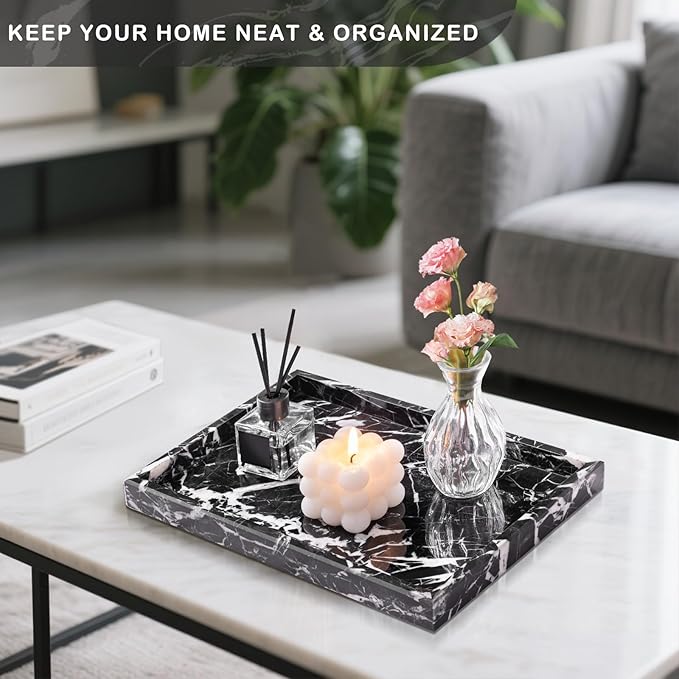 Marble Bathroom Tray for Countertop & Home Decor, Natural Decorative Marble Tray for Jewelry & Perfume Organizer, Luxury Stone Vanity Trays for Dresser, Kitchen Counter, 12" x 8", Black