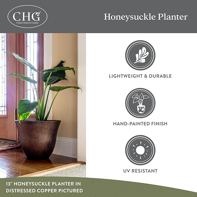 Classic Home and Garden by Growscape Honeysuckle Resin Planters - Lightweight Indoor & Outdoor Plant Pots - UV-Resistant Plastic Flower Pots - Pot Planters for Flowers & Herbs (13" Vanilla White)
