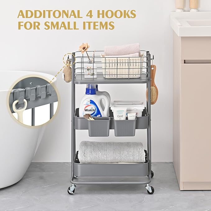KINGRACK 3 Tier Metal Rolling Cart, Kitchen Organizers and Storage, Slim Storage Cart on Wheels, Laundry Room Organization, Diaper Cart Shelving Unit for Bathroom, Office, Bedroom, Grey