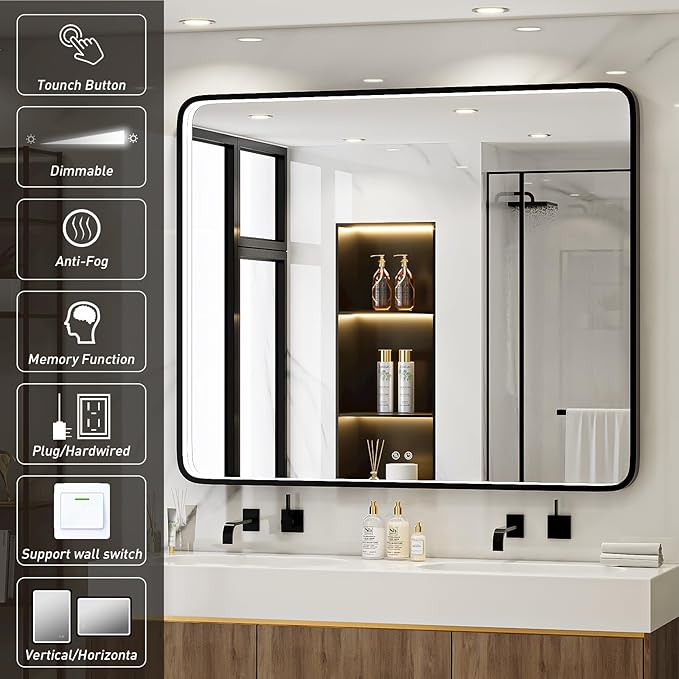 43X36 Inch Black LED Bathroom Mirror