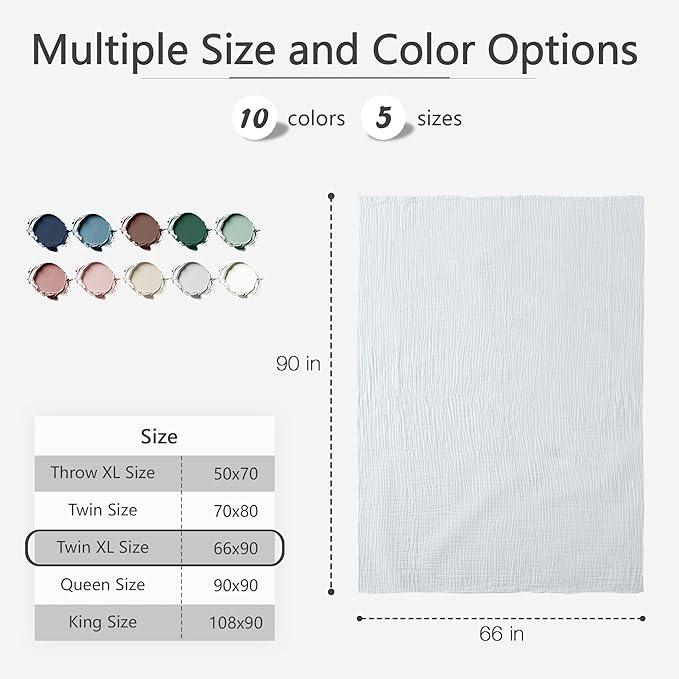 Carriediosa 100% Cotton Muslin Throw Blanket 66" X 90" Twin XL Size，4-Layers Summer Gauze Throws for Bed Couch，Soft Lightweight Breathable Linen Blankets Bedspread for Adults All Season，White