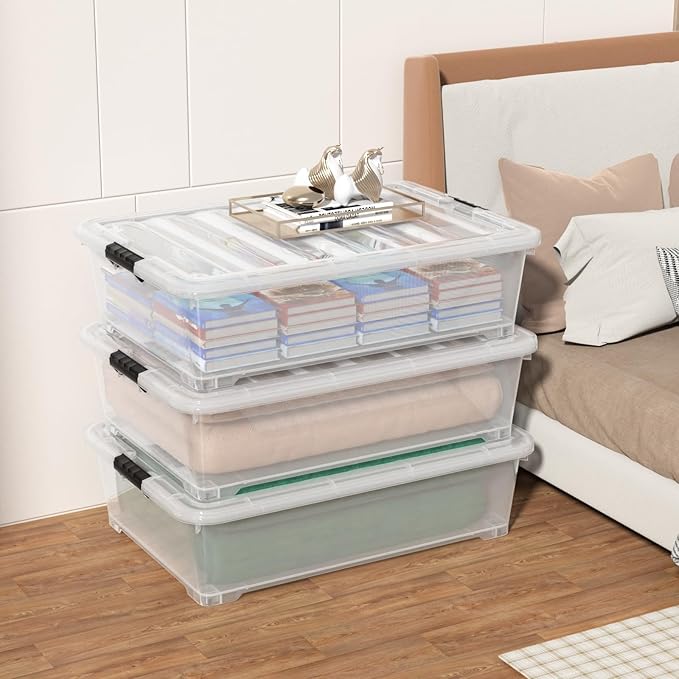 50 Quart Plastic Under Bed Storage Boxes, Clear Under Bed Storage Containers with Wheels, 3-Pack