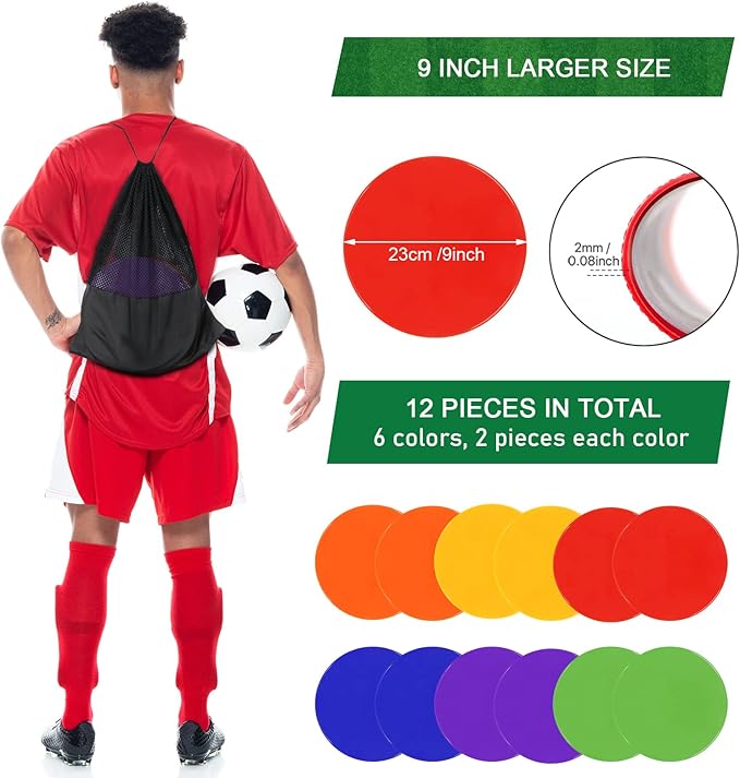 Poly Spots Spot Markers for Gym Floor 9inch 10inch 12/18/24/36 Pcs Flat Cones Non-Slip Rubber Floor Dots Circles for Kids Sports Soccer Basketball Agility Training Dance Classroom