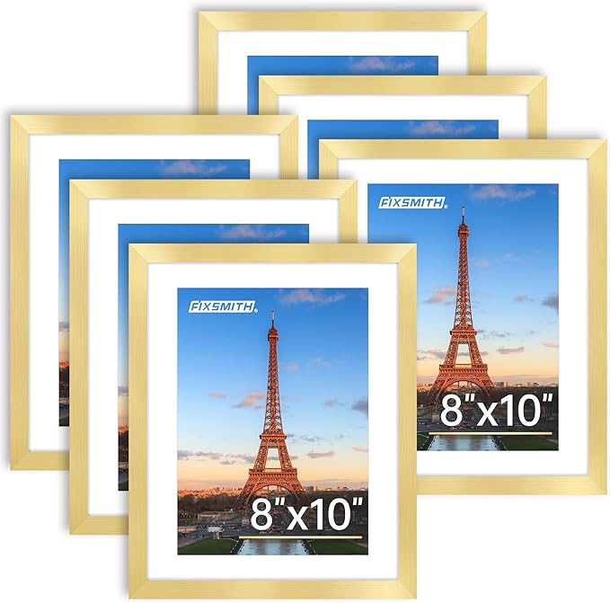 FIXSMITH 8x10 Picture Frame Bulk-6 Pack, Gold Picture Frames Collage Wall Decor, Wall & Tabletop Picture Frames, Photo Frame with HD Plexiglass, Display Pictures 5x7 with Mat or 8x10 Without Mat