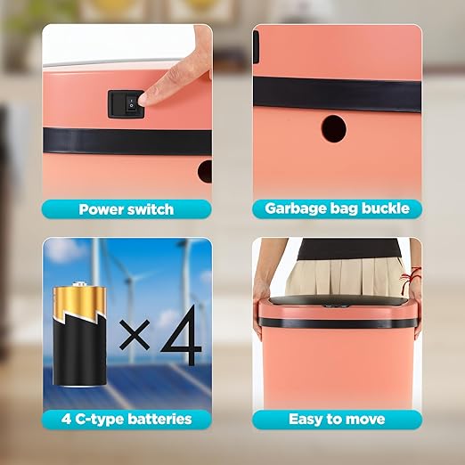 Automatic Motion Sensor Bathroom Trash Can with Lid, 13 Gallon Touchless Trash Bin, Smart Dog Proof Garbage Can, Touch Free Waste Basket for Toilet, Office, Bedroom,Pink,2