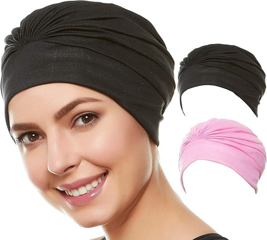 BEEMO Swim Caps for Women Swimming Turban Polyester Latex Lined Pleated for Ladies