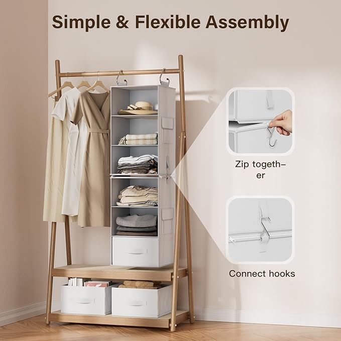 Pipishell 6-Shelf Hanging Closet Organizer, Hanging Shelves with 2 Separable 3-Tier Shelves, Closet Shelves Organizer with 3 Removable Drawers for Wardrobe, Nursery, Baby Clothes Organizer, White