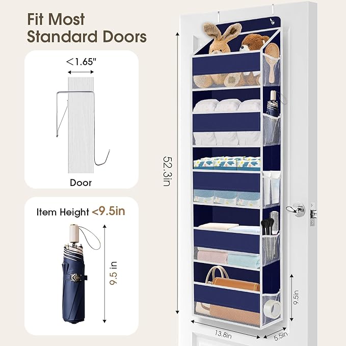1 Pack Over The Door Organizer, Hanging Storage Organizer with Clear Window, 40lb Ultra Sturdy Large Capacity Room Organizer for Pantry Laundry Bathroom Nursery Closet (Blue)