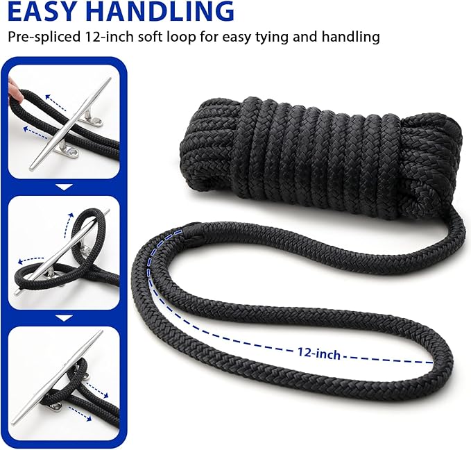 Boat Dock Lines Marine Rope - 1/2" x 20ft with Pre-Spliced 12" Loop Double Braided Nylon Ropes Bumper Tie Mooring Line for Boats Docking Pontoon Boating Accessories - 2 Pack