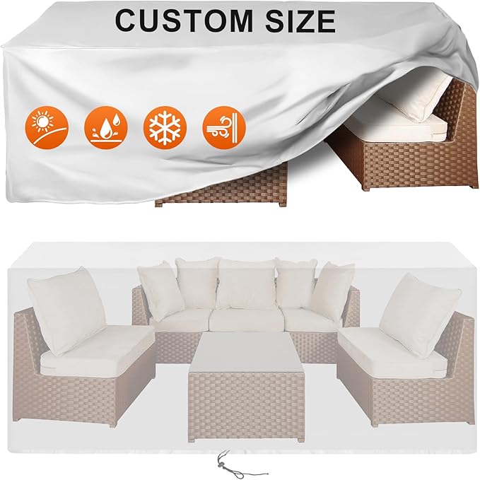 Patio Furniture Cover Rectangle 76"(L) x 36"(W) x 32"(H), Custom Heavy Duty 420D Waterproof Outdoor Cover with Drawstring & Buckles for Table Chair Garden, Silver