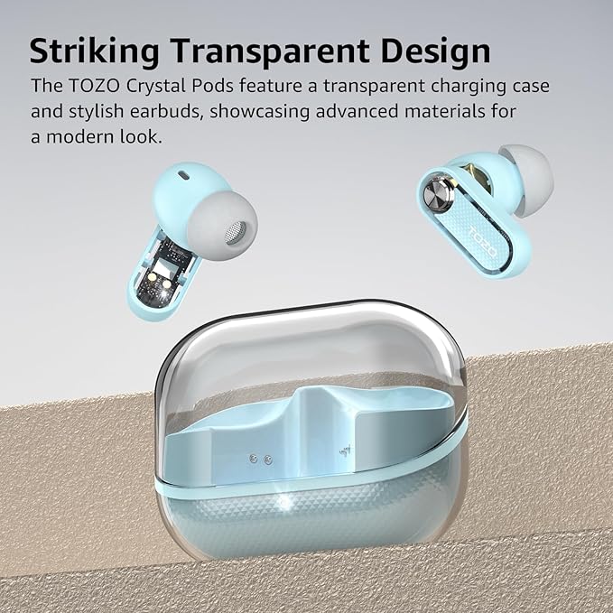 TOZO Crystal Pods Hybrid Active Noise Cancelling Wireless Earbuds, 10mm Drivers Deep Bass Stereo Sound, 4 Mics Smart ENC AI Calls, 32 EQ via App, Bluetooth 5.4 Headphones, Crystal Case Design