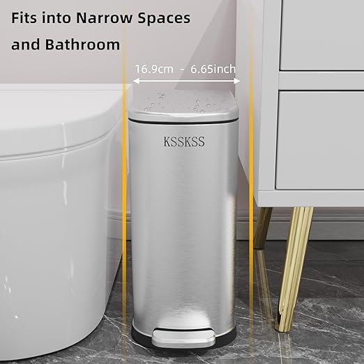 2.6 Gallon Slim Bathroom Trash Can with Soft Close Lid, 10L Stainless Steel Garbage Can with Removable Liner Bucket, for Narrow Spaces,Bathroom, Bedroom (Silver)