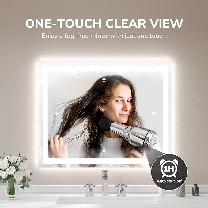 USHOWER LED Bathroom Mirror 40x32 Inch Tempered Glass