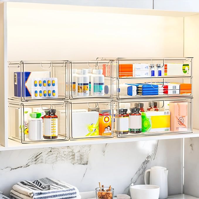 Acrylic Storage Drawers Set of 6, Clear Makeup Organizer, Plastic Organizer Bins for Beauty Supplies,Ideal for Vanity, Bathroom,Cabinet,Pantry Organization