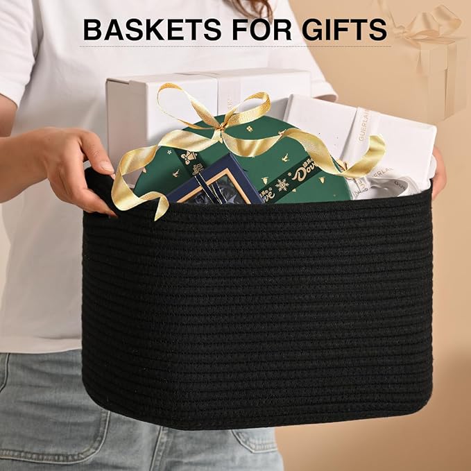 Woven Cotton Rope Storage Basket for Organizing, Cute Decorative Baskets for Gifts Empty, Organizer Bins for Dog Toy, Baby Laundry, 17“×13”×9.5“, Black