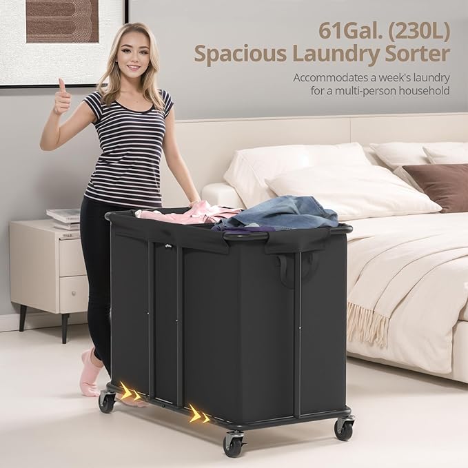 Laundry Hamper with Wheels, 2-Section 230L (61Gal) Large Capacity, Heavy-Duty Rolling Clothes Basket with Silent Rubber Casters & Detachable Oxford Bags for Home, Black, 31.5"Lx15.75W"x30.7"H