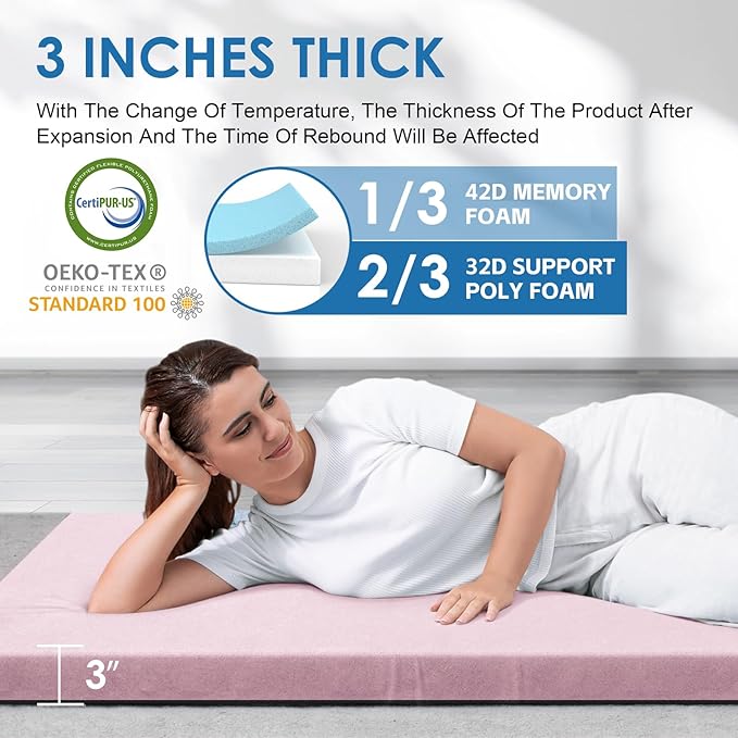 KingChii CertiPUR-US Memory Foam Camping Mattress, Portable Roll Up Travel Car Camping Mattress Sleeping Pad & Floor Mattress, Cot Mattress Guest Bed for Sleepover with Waterproof Cover & Travel Bag