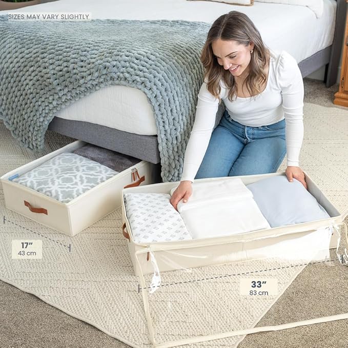 OrganiHaus Under Bed Storage Containers, Bedroom Storage and Organization Bins, Clothes Organizer for Closet with Clear Cover and Reinforced Handles - Set of 2 33x17x6 inches Off-White