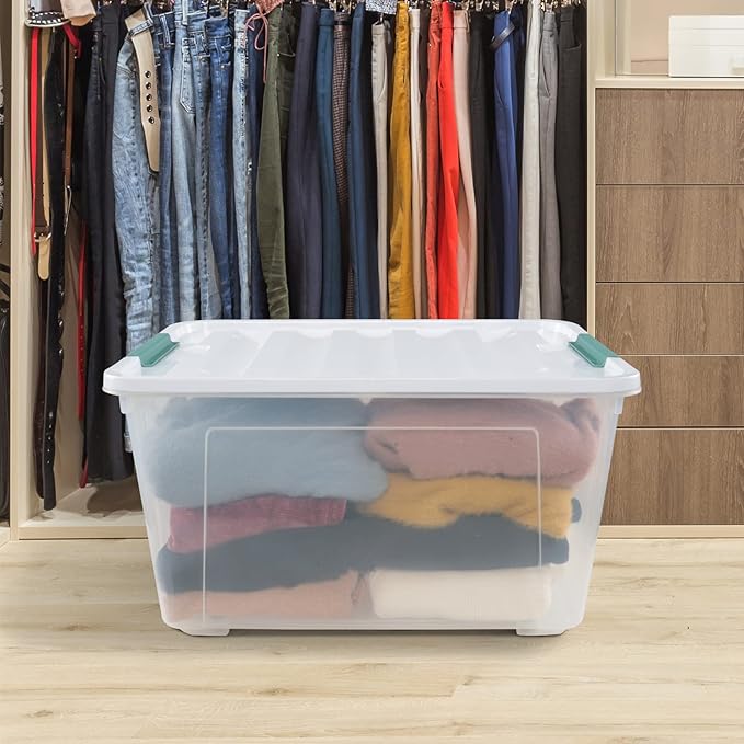 80 L Extra Large Plastic Storage Box, Clear Large Plastic Storage Bins with Wheels, 4-Pack