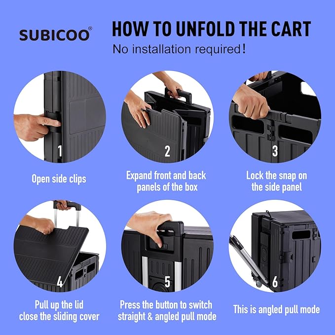 Folding Utility Cart Portable Rolling Crate Handcart Shopping Trolley Collapsible Tool Box, with Lid, on 4 Rotate Wheels, for Grocery, Shopping, Office, Teacher, Camp(Black)