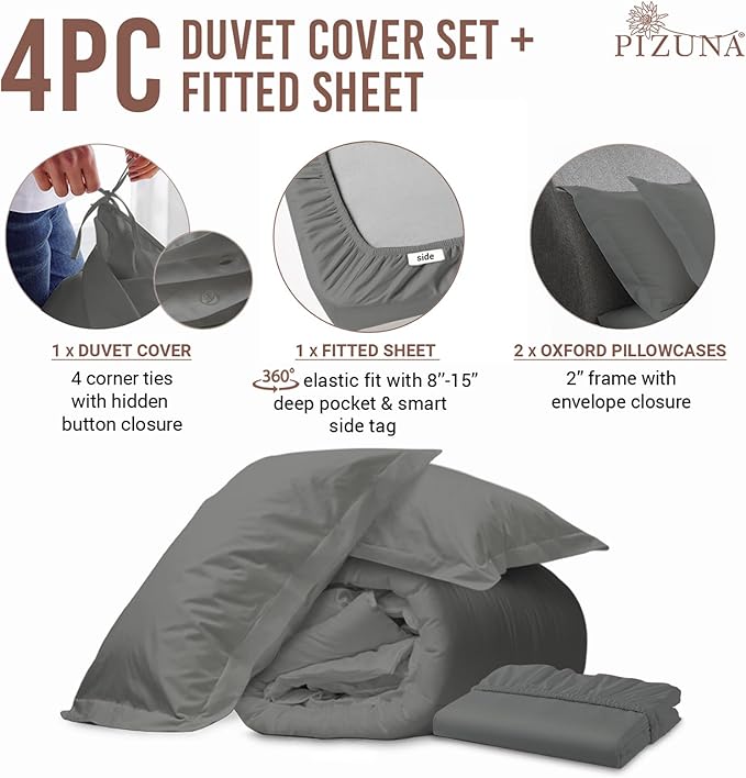 Pizuna 100% Cotton King 3 Pc Duvet Cover + 1 Pc Fitted Sheet Set 400 Thread Count Dark Grey Sateen Weave Luxurious Long Staple Cotton 4 Piece Bedding Set -1 Duvet Cover, 2 Pillow Shams, 1 Fitted Sheet
