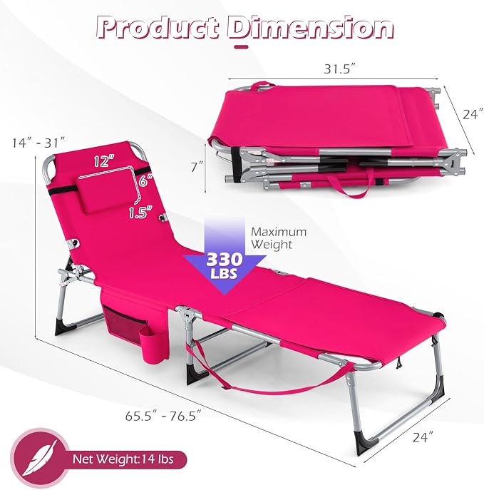 GYMAX Tanning Chair, 330LBS Beach Lounge with Face Arm Hole & Hand Shoulder Strap, Folding Layout Sunbathing Chair, Face Down Outdoor Chaise Lounger for Patio, Poolside, Lawn, Backyard (1, Pink)