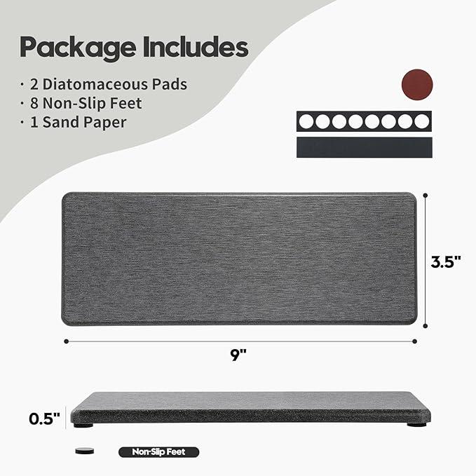2PCS Bathroom Trays, Water Absorbing Diatomite Stone Quick Drying Mat for Kitchen Counter, Dish Rack Soap Dispenser Sponge Holder Caddy Sink Vanity Organizer, Dark Gray Slate,9"x3.5"