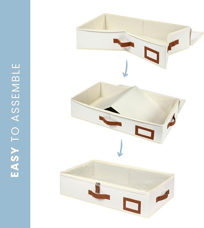 OrganiHaus Under Bed Storage Containers, Bedroom Storage and Organization Bins, Clothes Organizer for Closet with Clear Cover and Reinforced Handles - Set of 2 33x17x6 inches Off-White