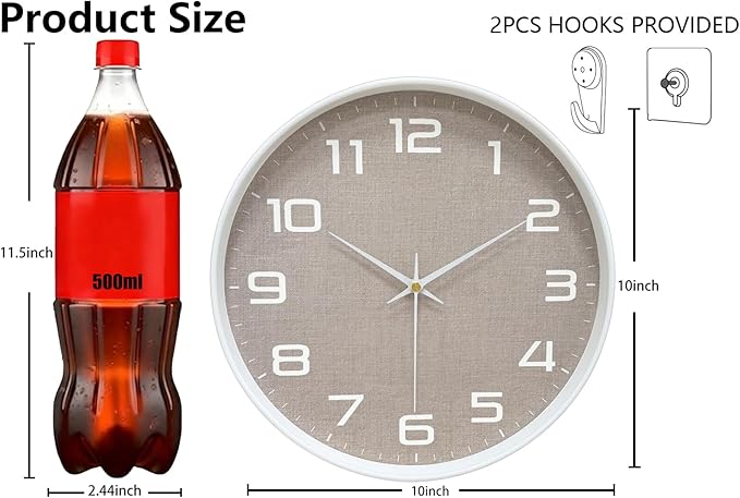 Silent Wall Clock with Large Numbers, 10 Inch Battery Operated Analog Clock