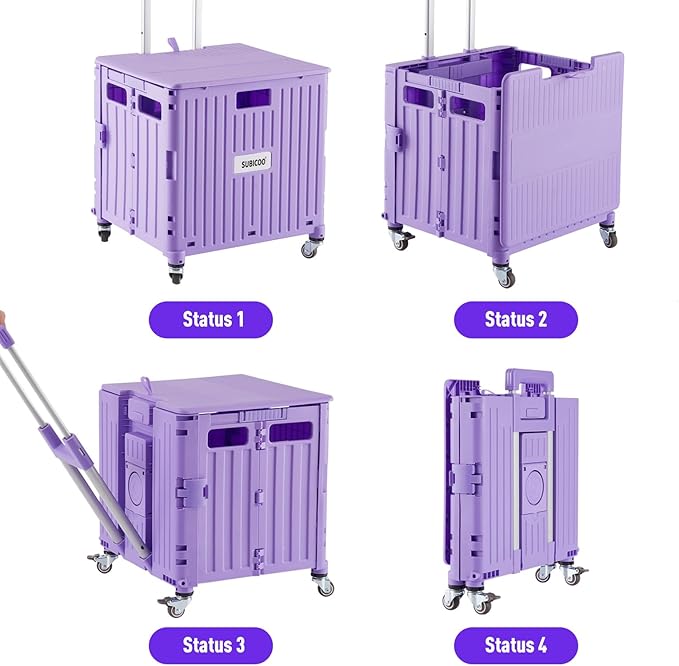 Folding Utility Cart Portable Rolling Crate Handcart Shopping Trolley Collapsible Tool Box, with Lid, Basket on 4 Rotate Wheels, for Grocery, Shopping, Office, Storage, Teacher (Purple)